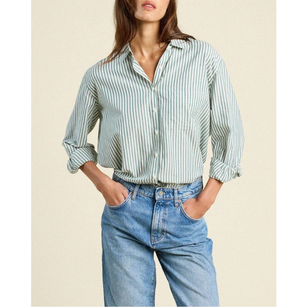 Trovata Blake Oversized Button Down Shirt Green Stripe Size XS NWT